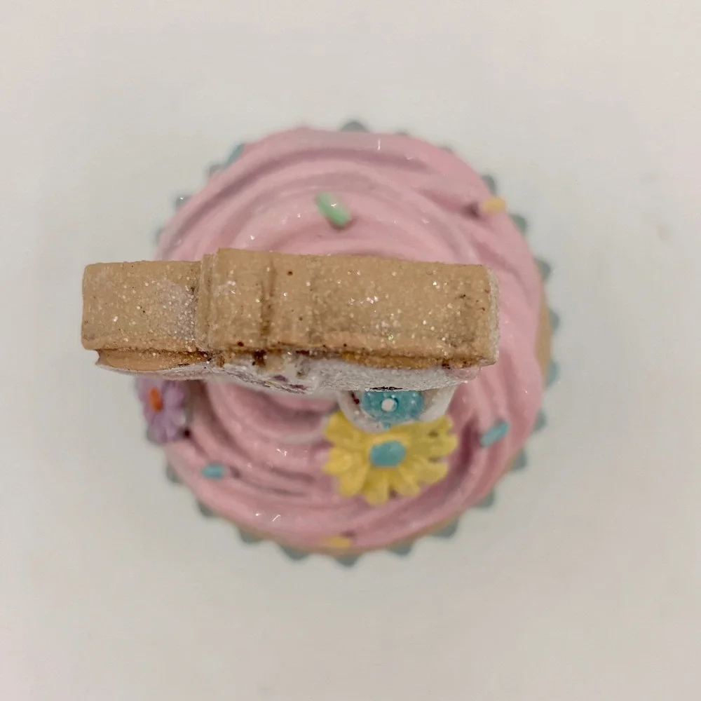 Easter Bunny Rabbit Cupcake Figure Pink Frosting Blue Liner Glitter Spring Decor